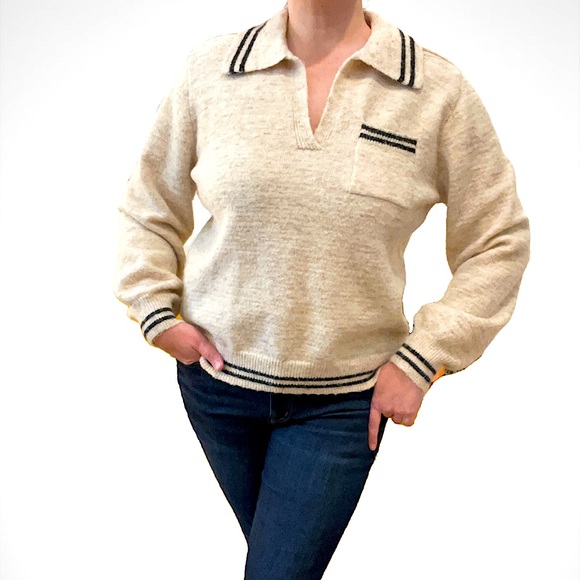 Cider Sweaters - Cider Wool Blend Collar Striped Trim Sweater, Beige, Size Large